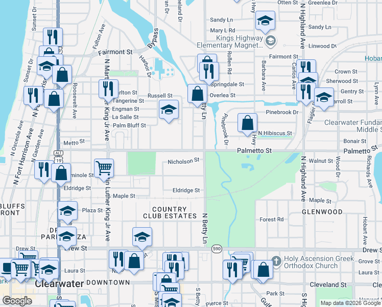 map of restaurants, bars, coffee shops, grocery stores, and more near 1270 Nichalson Street in Clearwater