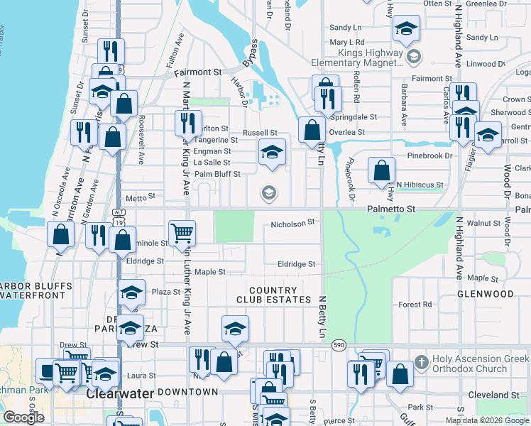 map of restaurants, bars, coffee shops, grocery stores, and more near 1231 Palmetto Street in Clearwater