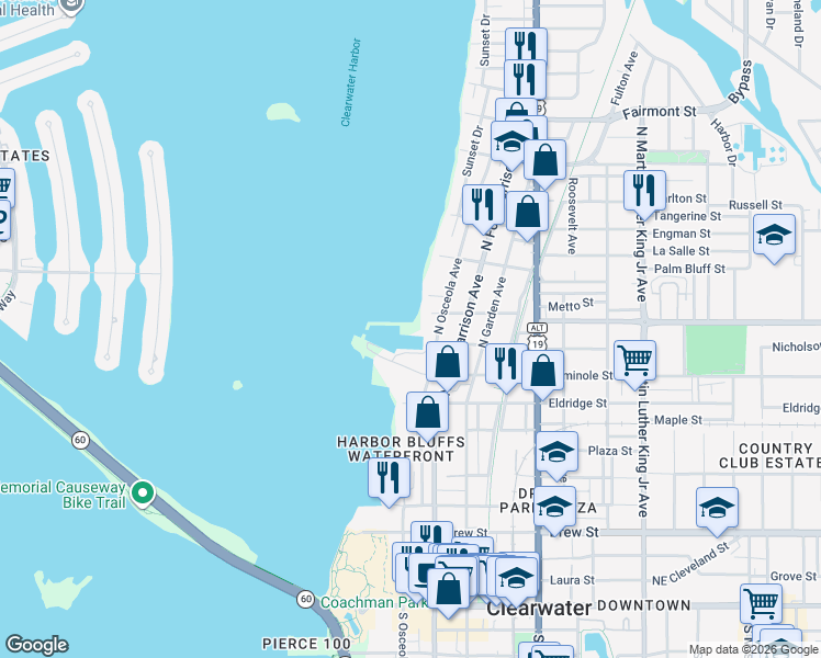 map of restaurants, bars, coffee shops, grocery stores, and more near 301 Cedar Street in Clearwater