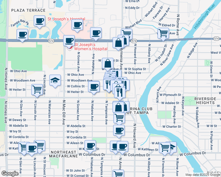 map of restaurants, bars, coffee shops, grocery stores, and more near 4030 Fiesta Plaza in Tampa