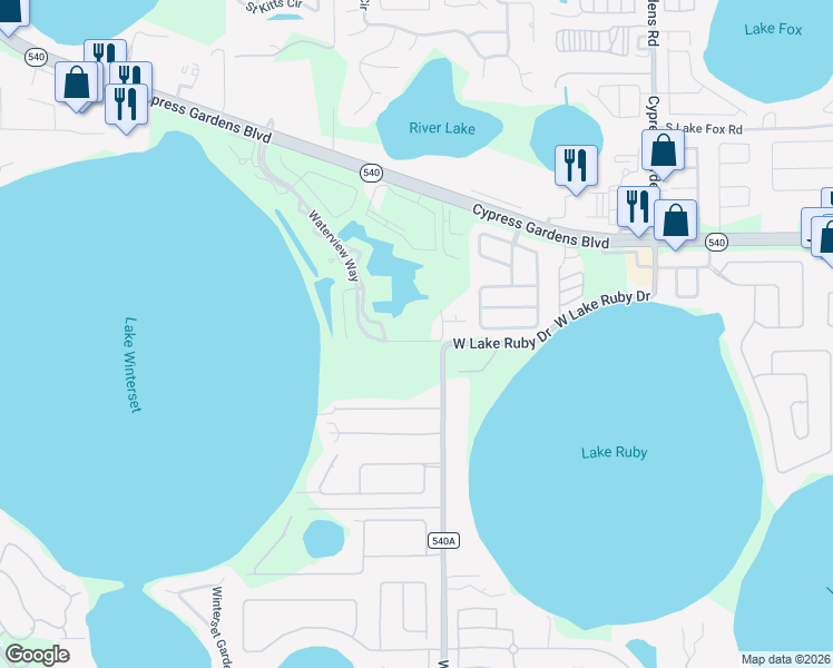 map of restaurants, bars, coffee shops, grocery stores, and more near 3034 Richmond Drive in Winter Haven