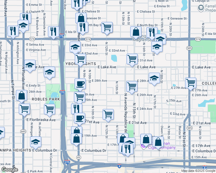 map of restaurants, bars, coffee shops, grocery stores, and more near 3413 North 12th Street in Tampa