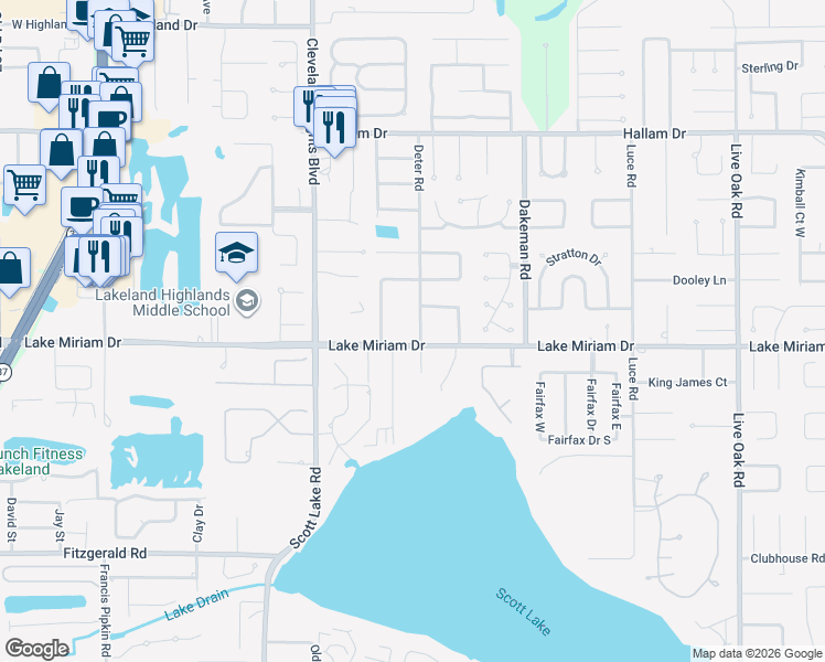 map of restaurants, bars, coffee shops, grocery stores, and more near 1122 Lake Miriam Drive in Lakeland