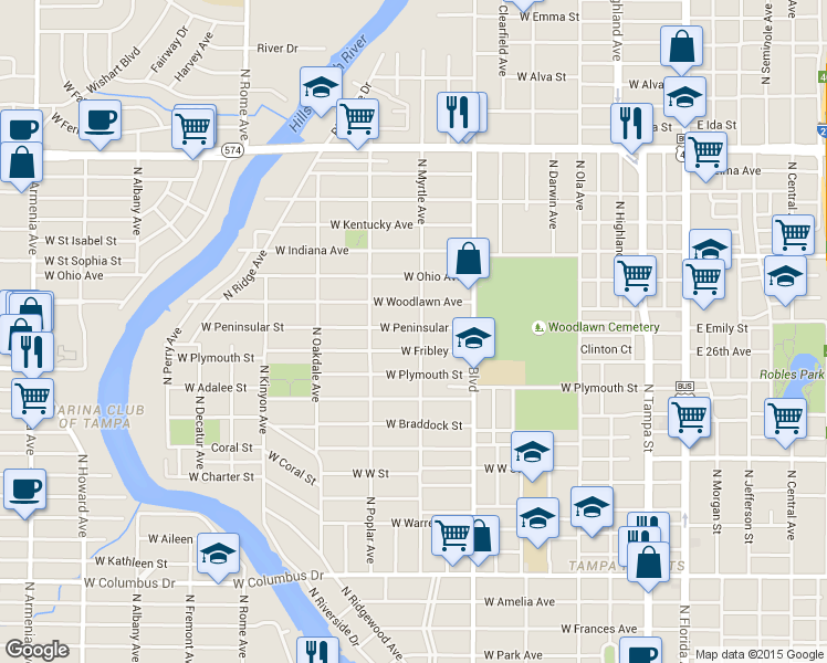 map of restaurants, bars, coffee shops, grocery stores, and more near 804 West Peninsular Street in Tampa