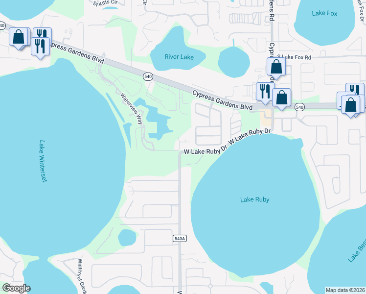 map of restaurants, bars, coffee shops, grocery stores, and more near 8501 Waterview Way in Winter Haven