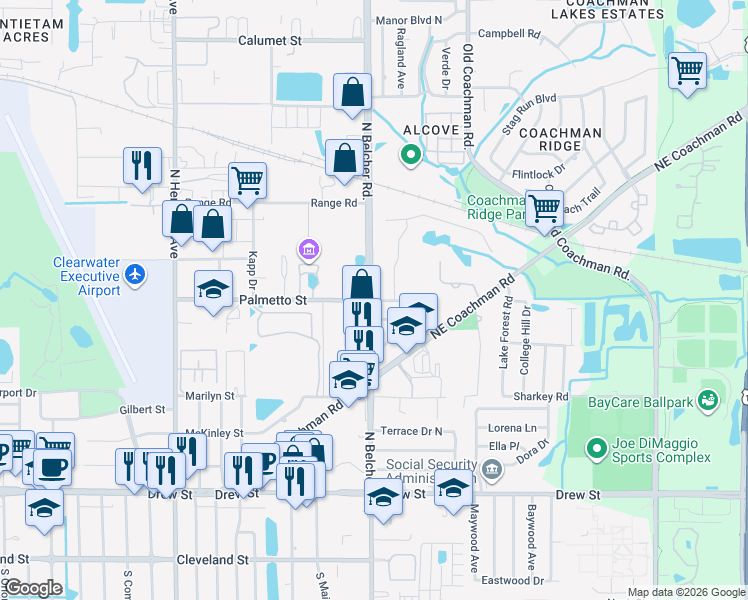 map of restaurants, bars, coffee shops, grocery stores, and more near 911 North Belcher Road in Clearwater