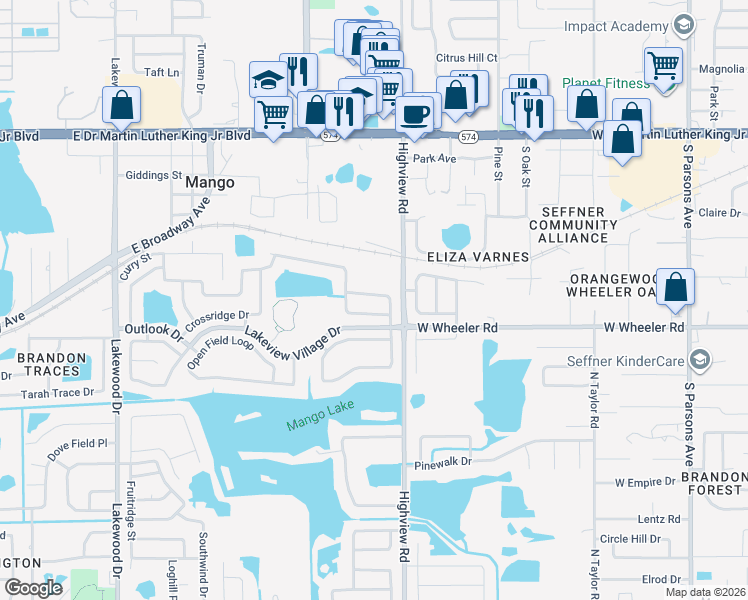 map of restaurants, bars, coffee shops, grocery stores, and more near 1425 Vinetree Drive in Brandon