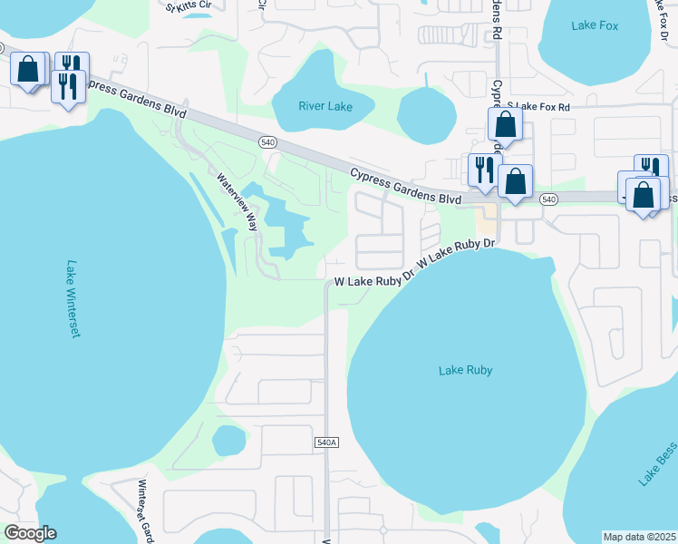 map of restaurants, bars, coffee shops, grocery stores, and more near 8203 Waterview Way in Winter Haven