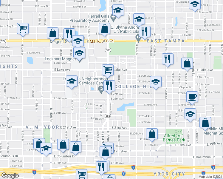 map of restaurants, bars, coffee shops, grocery stores, and more near 2205 Chipco Street in Tampa