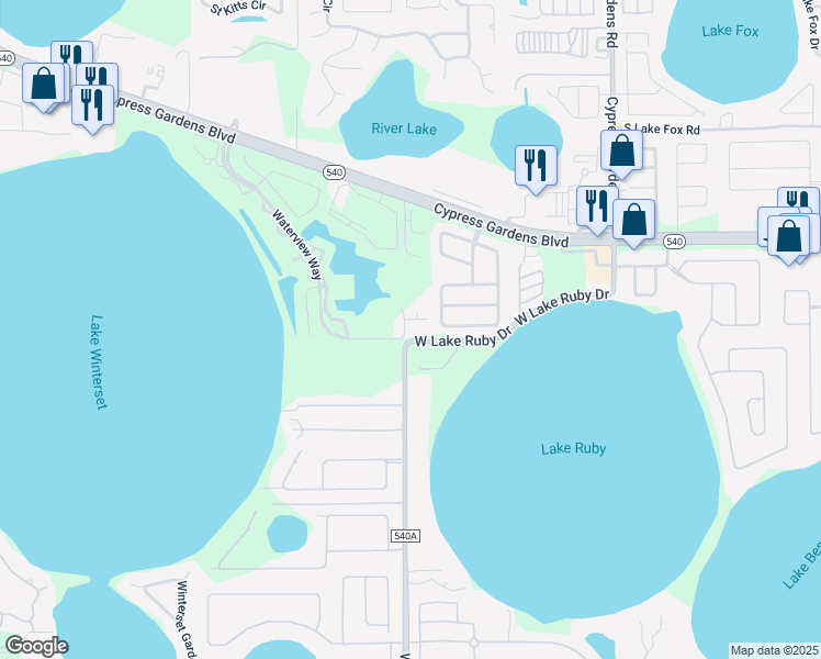 map of restaurants, bars, coffee shops, grocery stores, and more near 8501 Waterview Way in Winter Haven