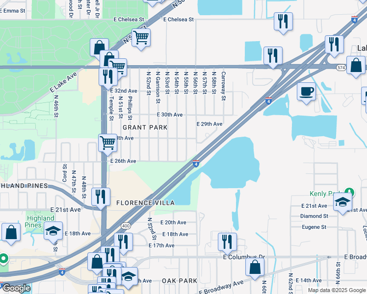 map of restaurants, bars, coffee shops, grocery stores, and more near 3411 North 54th Street in Tampa
