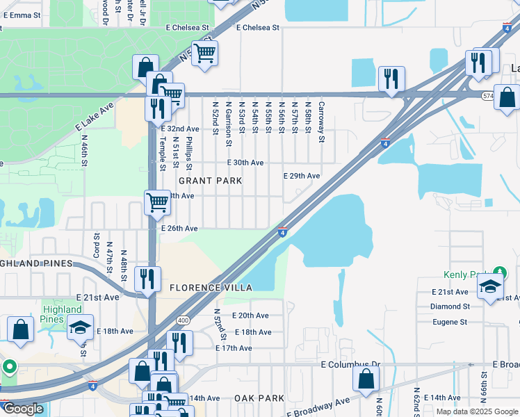 map of restaurants, bars, coffee shops, grocery stores, and more near 3411 North 54th Street in Tampa