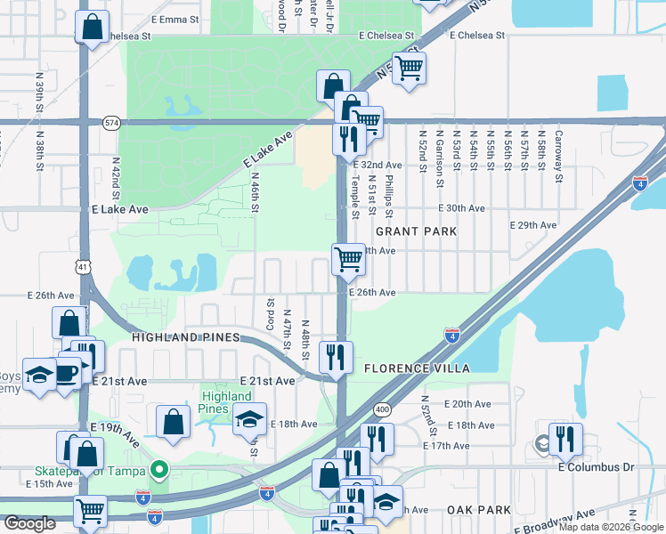 map of restaurants, bars, coffee shops, grocery stores, and more near 3410 North 49th Street in Tampa