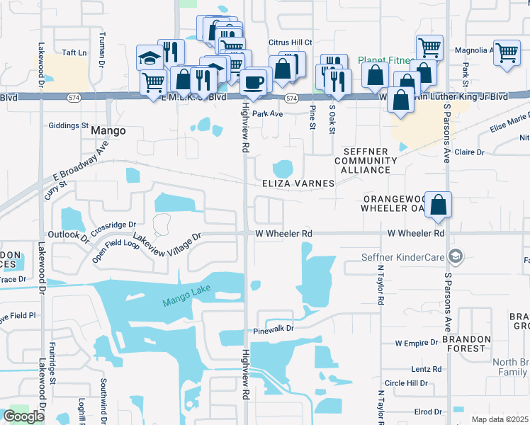 map of restaurants, bars, coffee shops, grocery stores, and more near 2108 Nuttall Oaks Place in Brandon