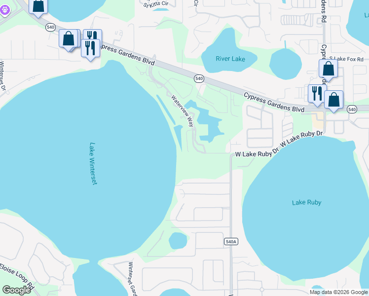 map of restaurants, bars, coffee shops, grocery stores, and more near 1126 Shoreline Lane in Winter Haven