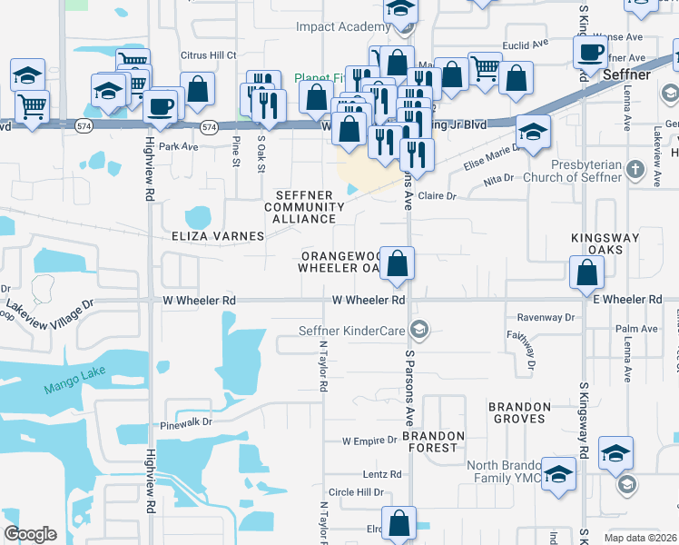 map of restaurants, bars, coffee shops, grocery stores, and more near 2102 Ramblewood Lane in Brandon