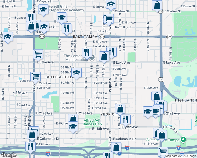 map of restaurants, bars, coffee shops, grocery stores, and more near 3102 East 27th Avenue in Tampa
