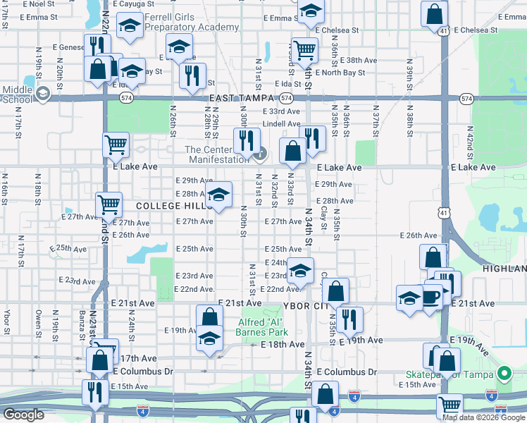map of restaurants, bars, coffee shops, grocery stores, and more near 3103 Chipco Street in Tampa