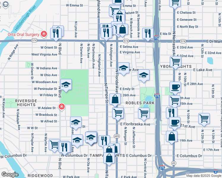 map of restaurants, bars, coffee shops, grocery stores, and more near 110 East Emily Street in Tampa