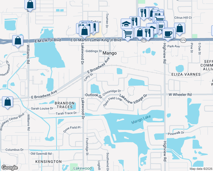 map of restaurants, bars, coffee shops, grocery stores, and more near 1657 Palm Leaf Drive in Brandon