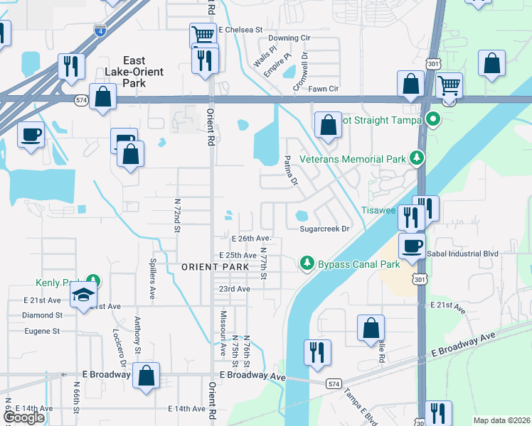 map of restaurants, bars, coffee shops, grocery stores, and more near 3408 Myrica Street in Tampa