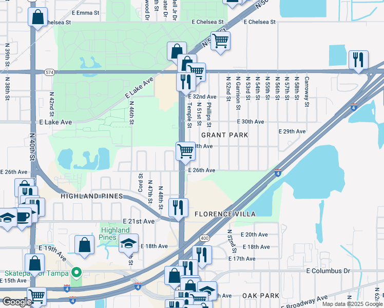 map of restaurants, bars, coffee shops, grocery stores, and more near 3412 Temple Street in Tampa