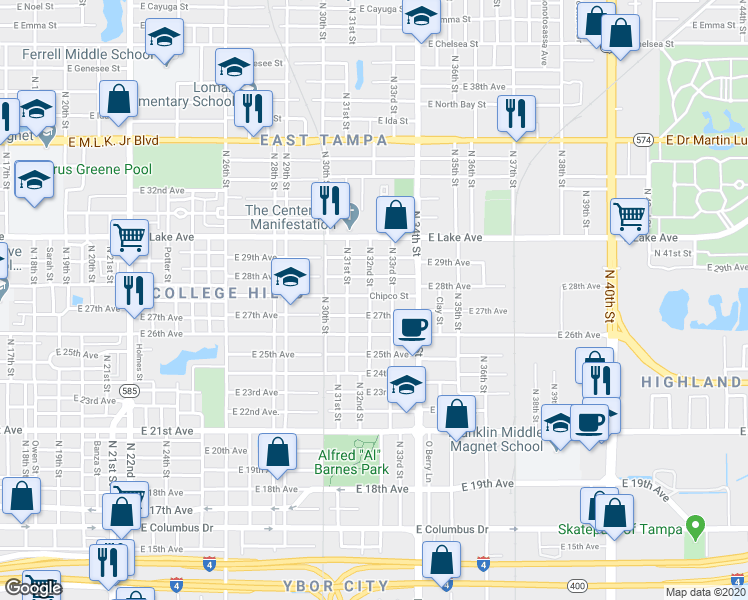 map of restaurants, bars, coffee shops, grocery stores, and more near 3102 East 27th Avenue in Tampa