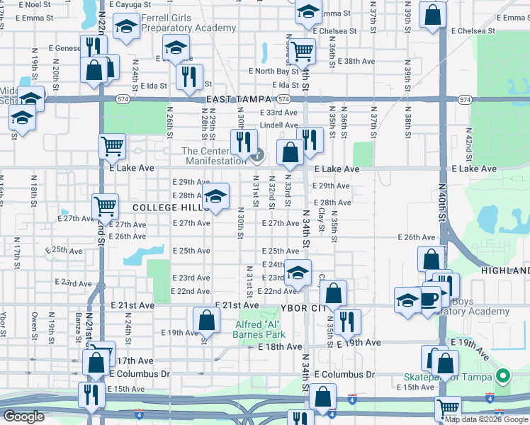 map of restaurants, bars, coffee shops, grocery stores, and more near 3102 East 27th Avenue in Tampa