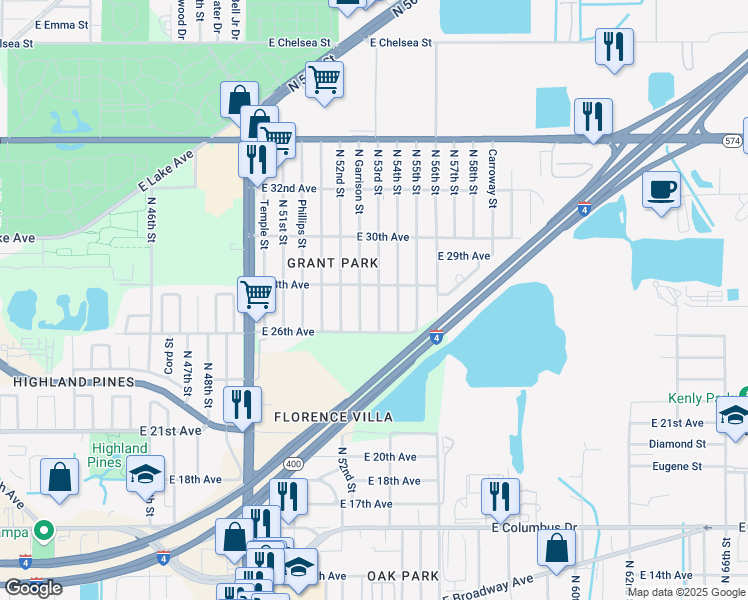 map of restaurants, bars, coffee shops, grocery stores, and more near 3418 North 53rd Street in Tampa