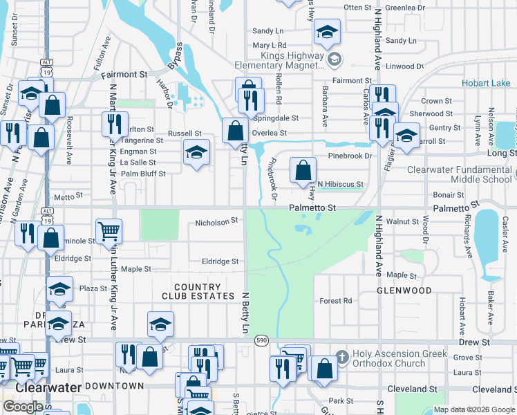 map of restaurants, bars, coffee shops, grocery stores, and more near 1383 Palmetto Street in Clearwater