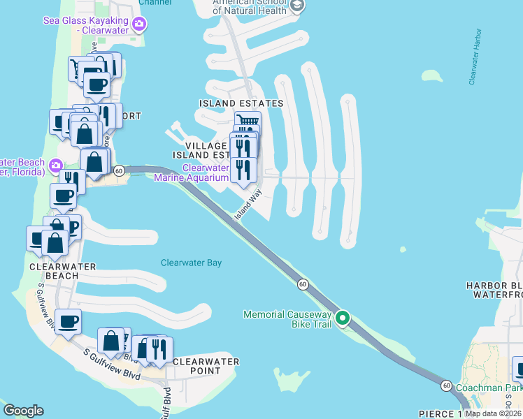 map of restaurants, bars, coffee shops, grocery stores, and more near 31 Island Way in Clearwater