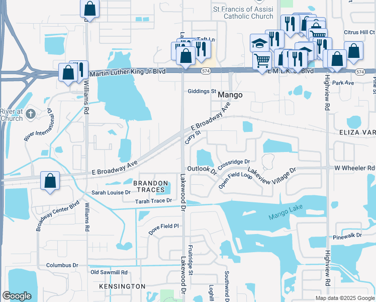 map of restaurants, bars, coffee shops, grocery stores, and more near 2118 Redleaf Drive in Brandon