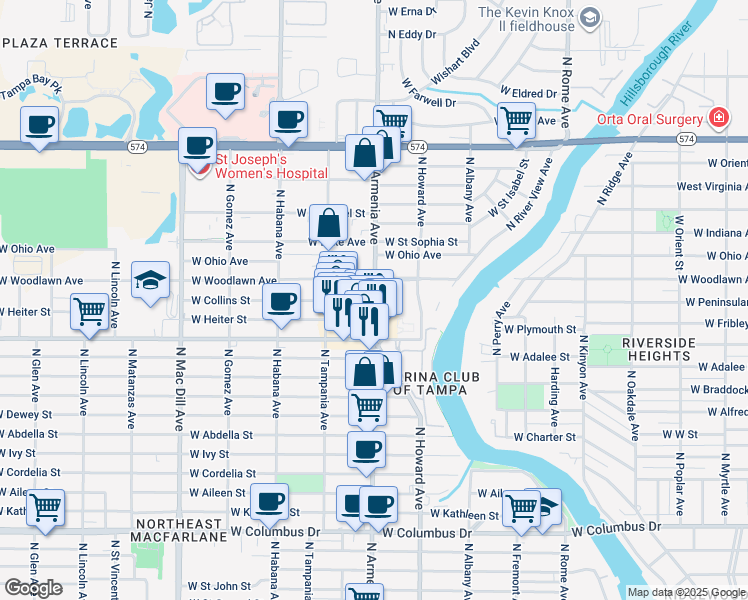 map of restaurants, bars, coffee shops, grocery stores, and more near 4056 North Armenia Avenue in Tampa