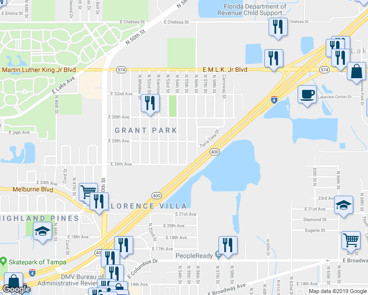 map of restaurants, bars, coffee shops, grocery stores, and more near 3411 North 54th Street in Tampa