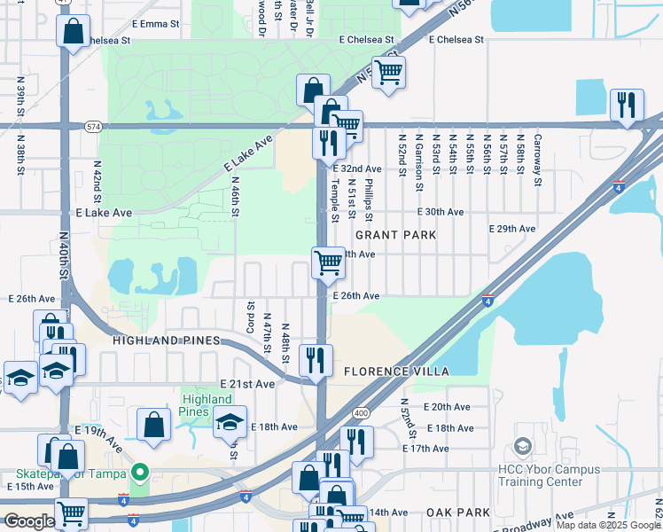 map of restaurants, bars, coffee shops, grocery stores, and more near 3412 Temple Street in Tampa