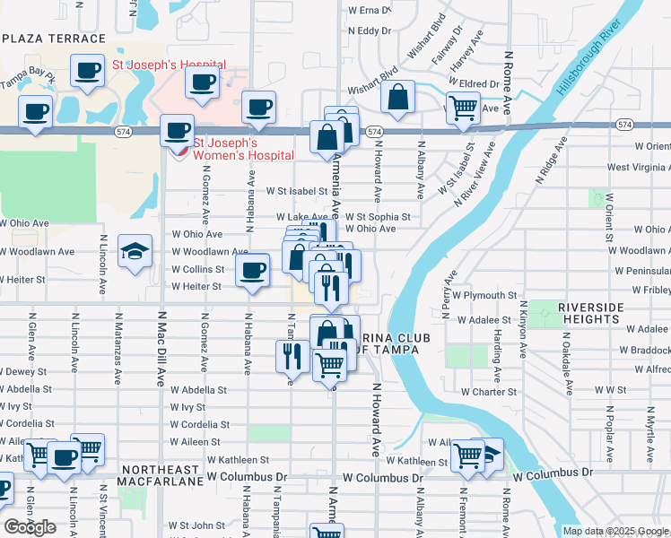 map of restaurants, bars, coffee shops, grocery stores, and more near in Tampa