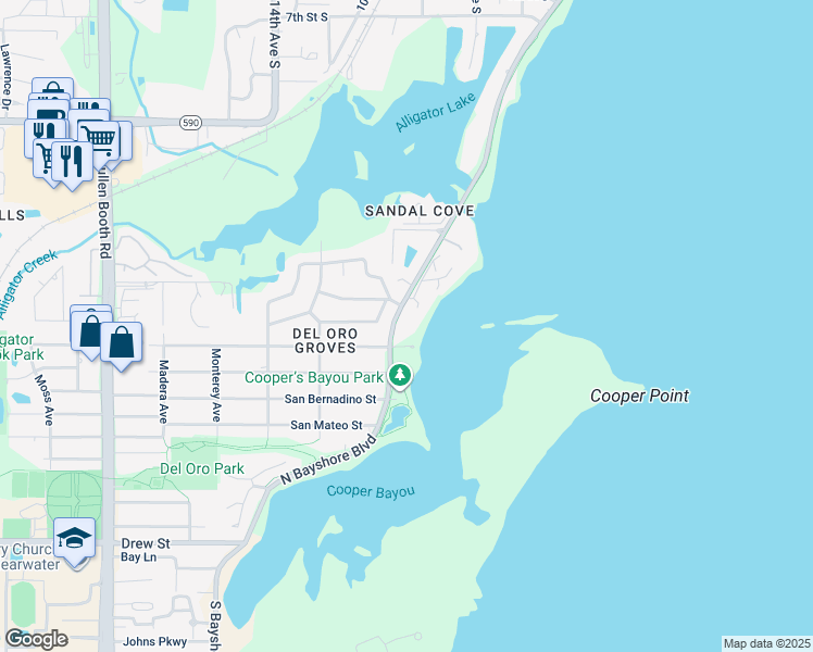 map of restaurants, bars, coffee shops, grocery stores, and more near 3416 San Jose Street in Clearwater
