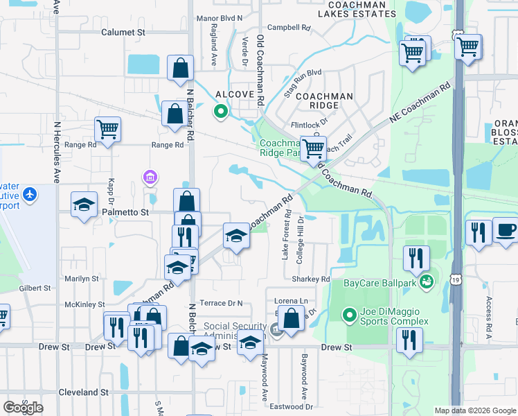 map of restaurants, bars, coffee shops, grocery stores, and more near 951 Forrest Glen Road in Clearwater