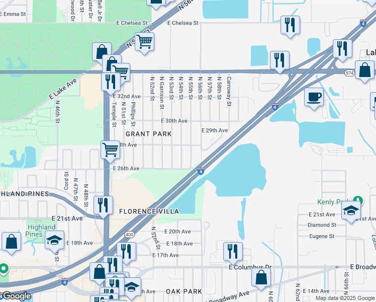 map of restaurants, bars, coffee shops, grocery stores, and more near 3411 North 54th Street in Tampa