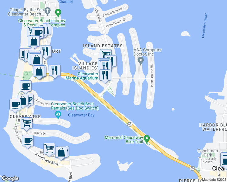 map of restaurants, bars, coffee shops, grocery stores, and more near 31 Island Way in Clearwater