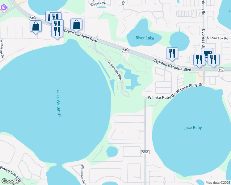 map of restaurants, bars, coffee shops, grocery stores, and more near 1124 Shoreline Lane in Winter Haven