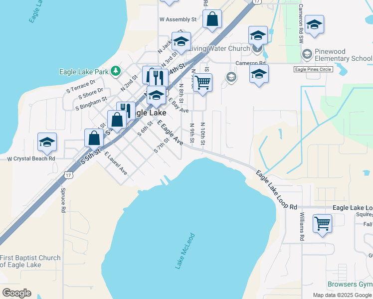 map of restaurants, bars, coffee shops, grocery stores, and more near 826 East Eagle Avenue in Eagle Lake