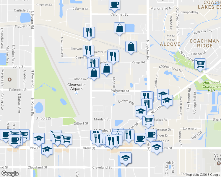 map of restaurants, bars, coffee shops, grocery stores, and more near 2060 Palmetto Street in Clearwater