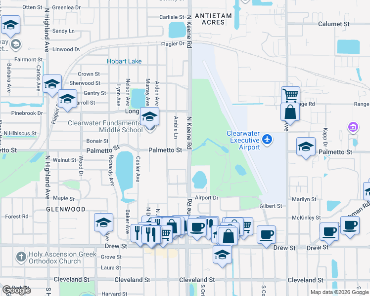 map of restaurants, bars, coffee shops, grocery stores, and more near 1000 North Keene Road in Clearwater