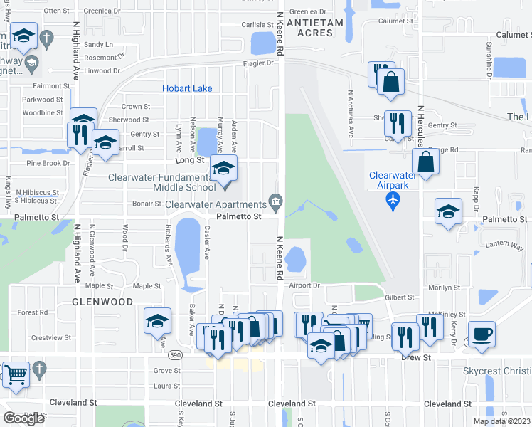 map of restaurants, bars, coffee shops, grocery stores, and more near 1001 Amble Lane in Clearwater