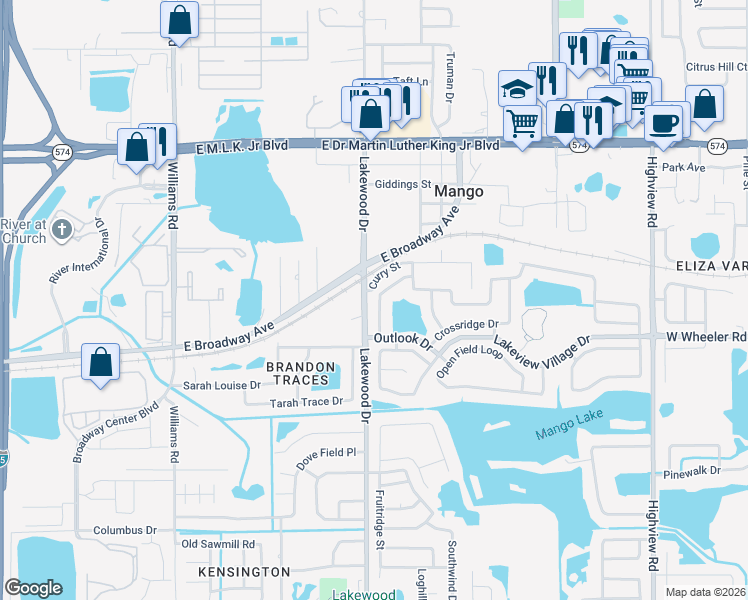 map of restaurants, bars, coffee shops, grocery stores, and more near 2109 Redleaf Drive in Brandon