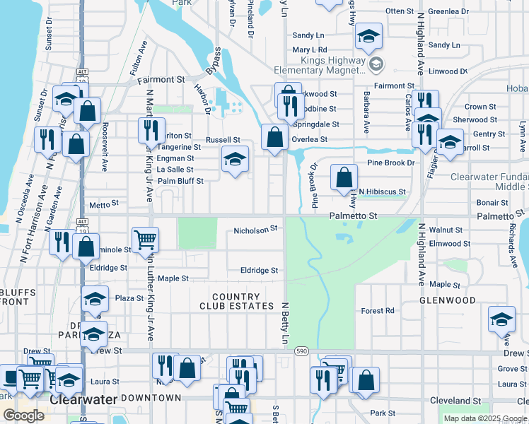 map of restaurants, bars, coffee shops, grocery stores, and more near 1270 Nichalson Street in Clearwater