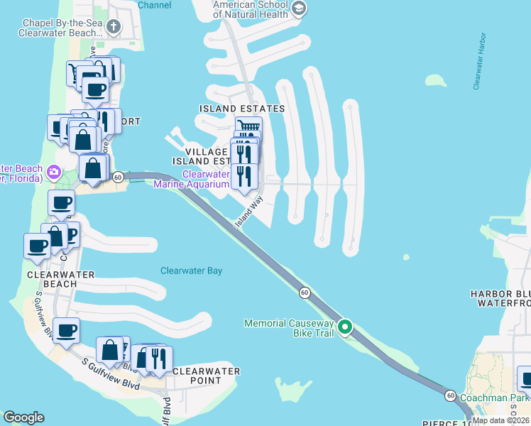 map of restaurants, bars, coffee shops, grocery stores, and more near 31 Island Way in Clearwater