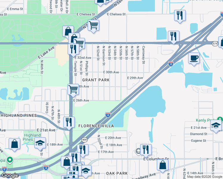 map of restaurants, bars, coffee shops, grocery stores, and more near 3411 North Garrison Street in Tampa