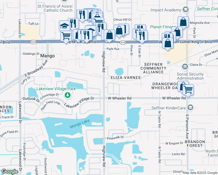 map of restaurants, bars, coffee shops, grocery stores, and more near 1234 Canyon Oaks Drive in Seffner
